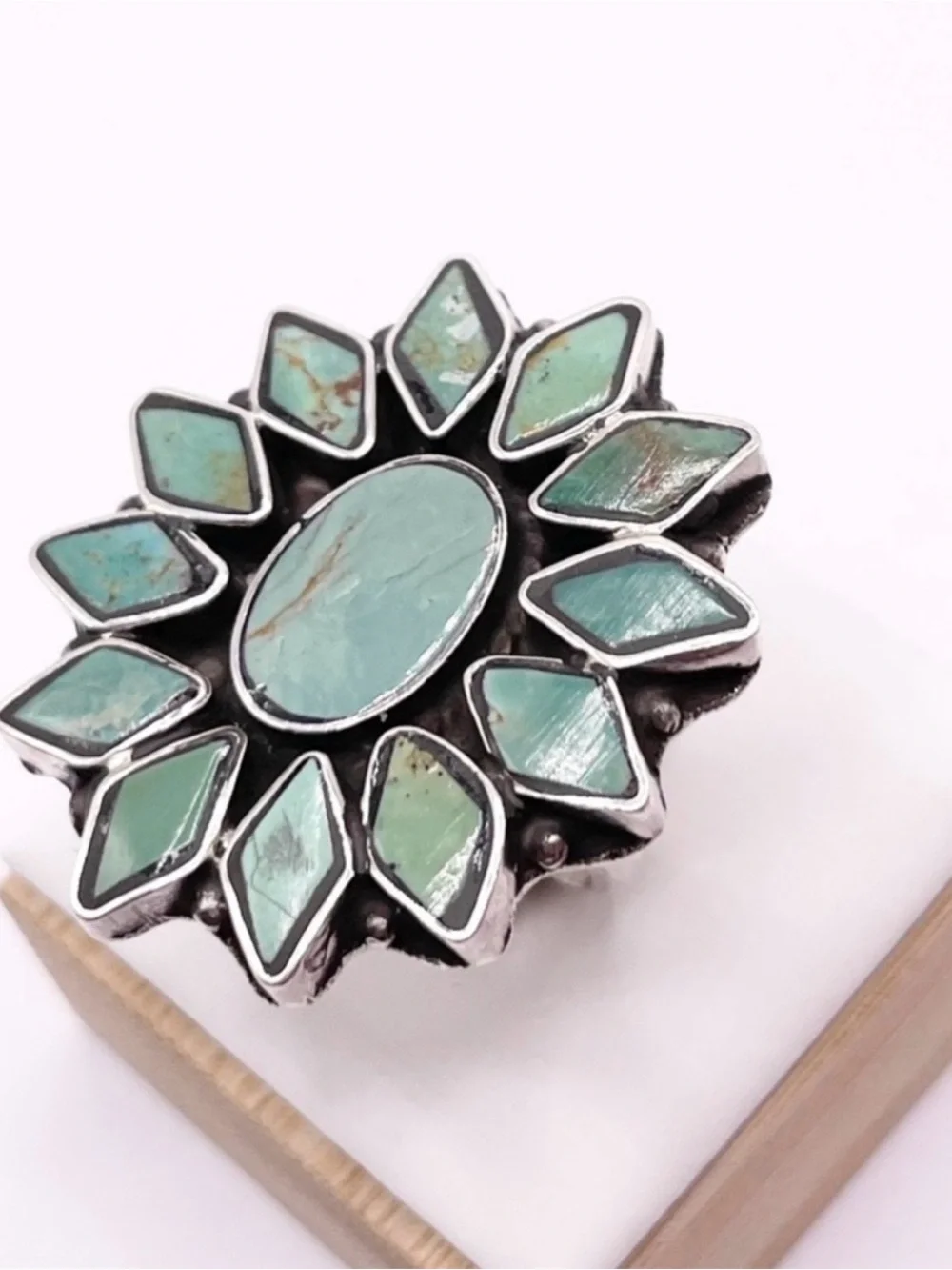 Size 7.5 Turquoise Sunburst statement Sterling Silver Ring